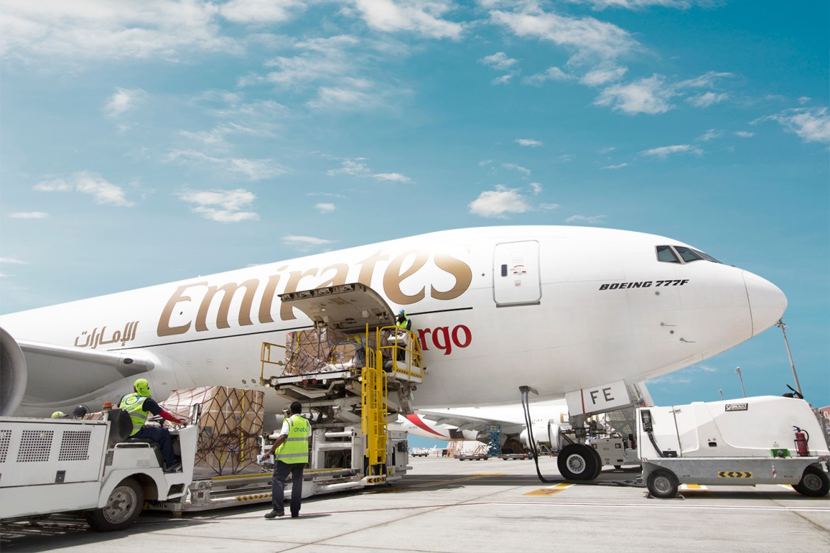 The 777 freighter aircraft being loaded on the tarmac