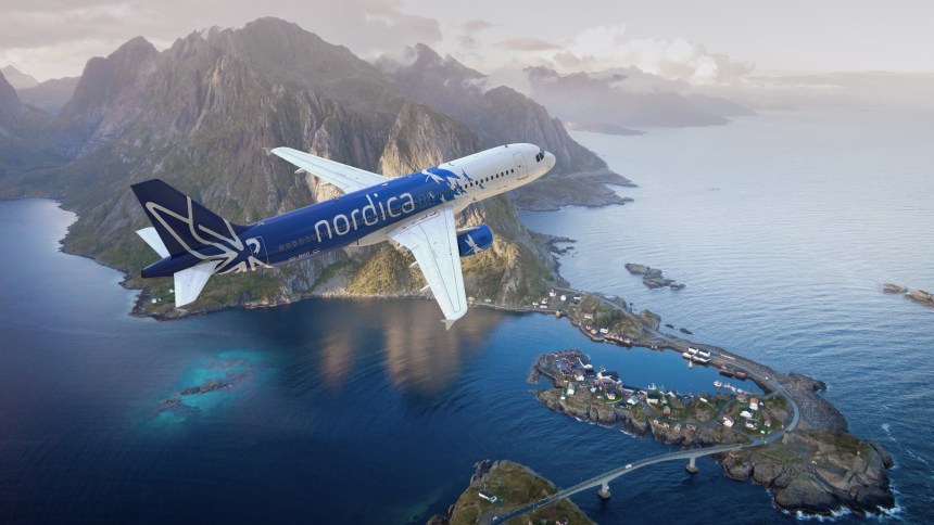 Estonian Nordica aircraft flies over sea and mountains