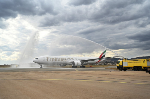 The Emirates boeing 777-300ER receiving a water cannon salute upon reaching Antananarivo