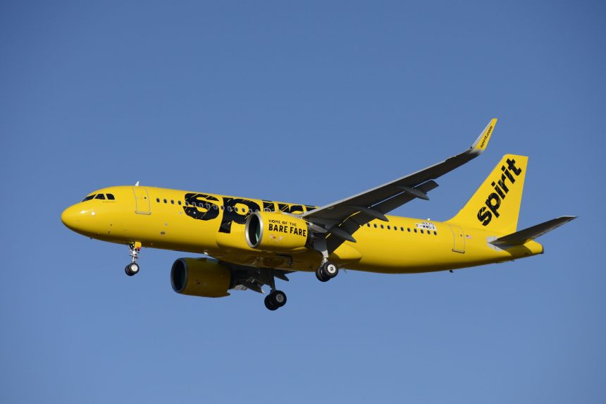 Spirit Airlines Airbus A320 ascends into the clear blue sky.