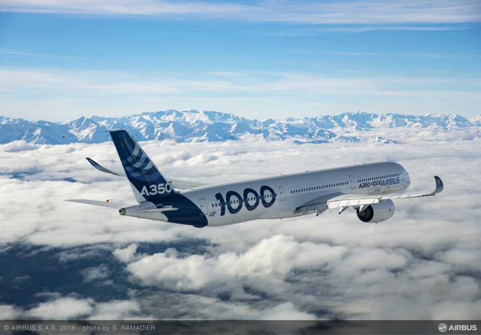 Image of an Airbus A350-1000 flying amongst puffy clouds.