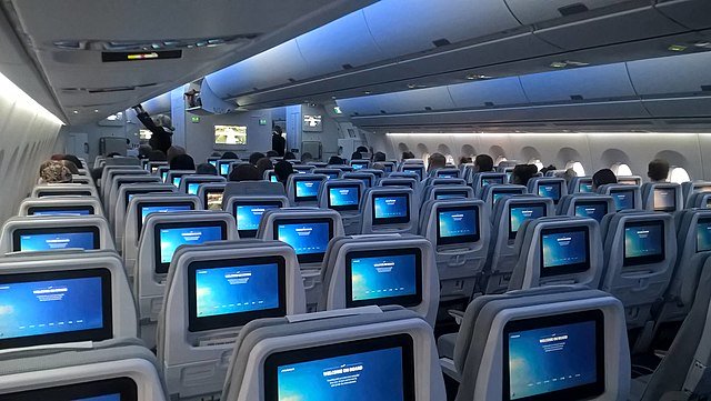 The image of economy class cabin in Finnair's A350 XWB, the first particular aircraft of its type to enter service in Europe.