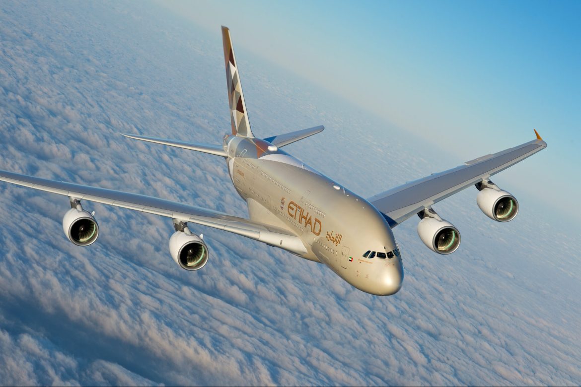 Etihad Airbus A380 in flight