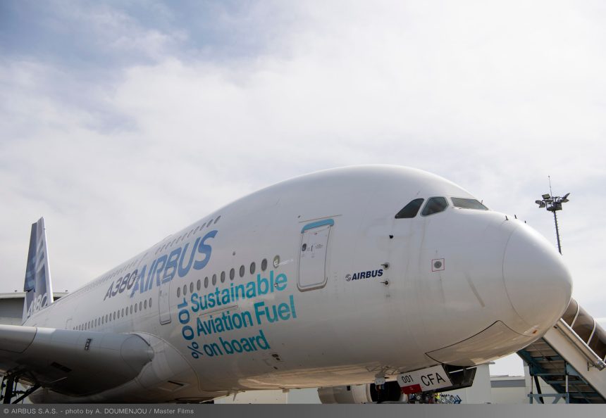 Airbus A380 close up showing 100% sustainable aviation fuel onboard logo