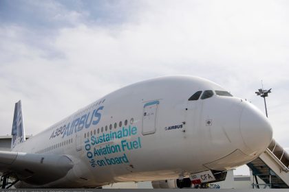 Airbus A380 close up showing 100% sustainable aviation fuel onboard logo