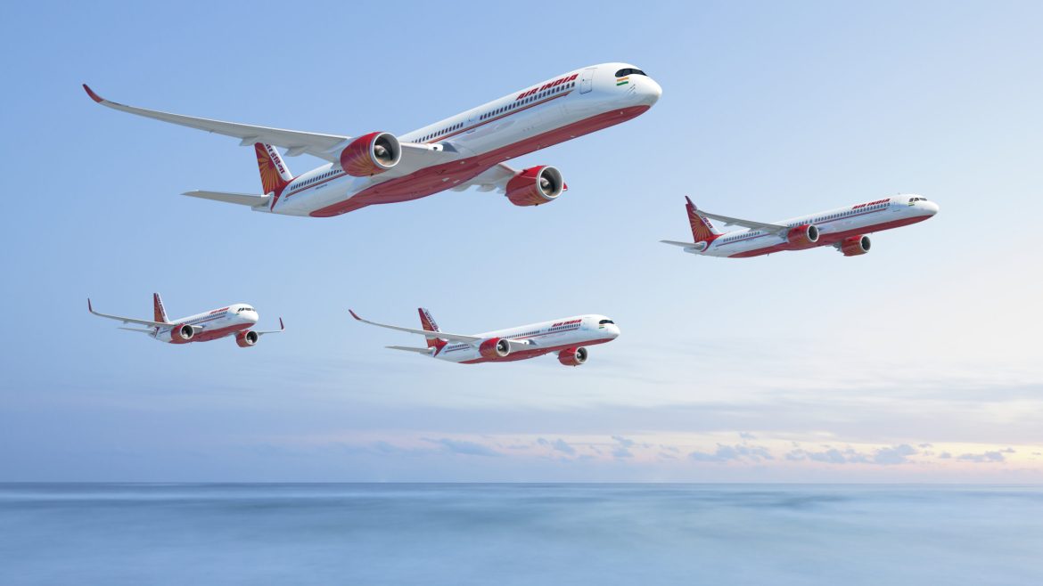 Photo showing AIr India's fleet which has a variety of different airbus aircrafts 