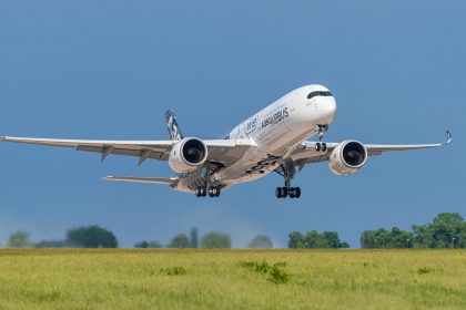 Airbus taking off against a blue sky