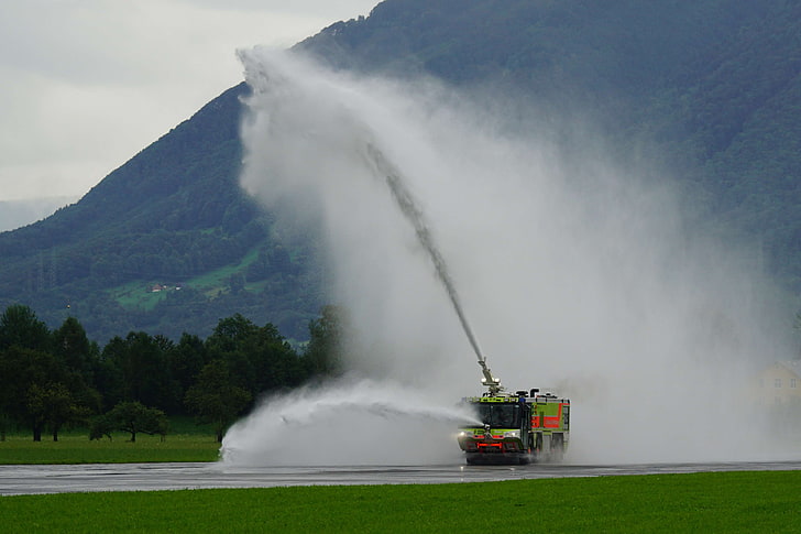 airport, demonstration, fire, fire extinguishing foam, fire fighting water, HD wallpaper