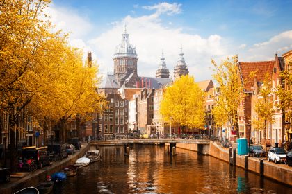 Church of St Nicholas, old town canal in Amsterdam, Holland