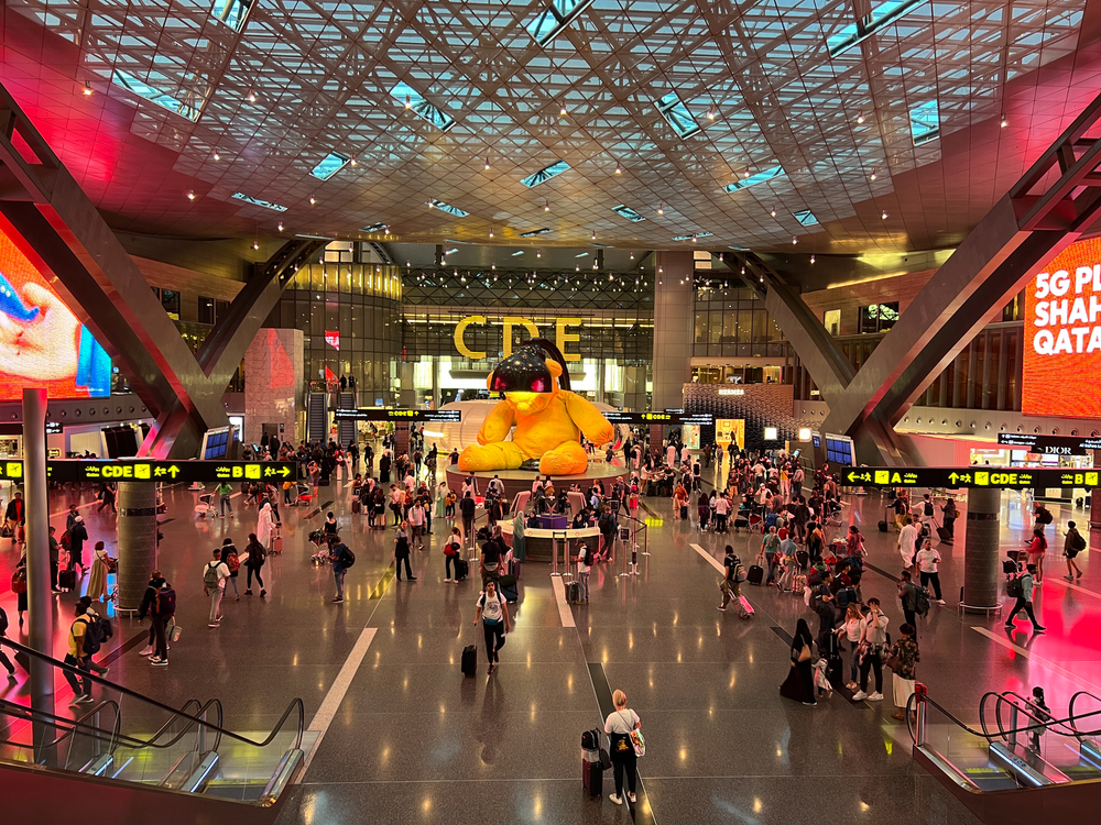 Doha Qatar, 2023 Feb 6: Lamp Bear, Landmark of Hamad International Airport