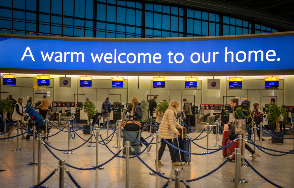 Business class passengers arrive for check-in wth British Airways at London Heathrow airport Terminal 5, UK.