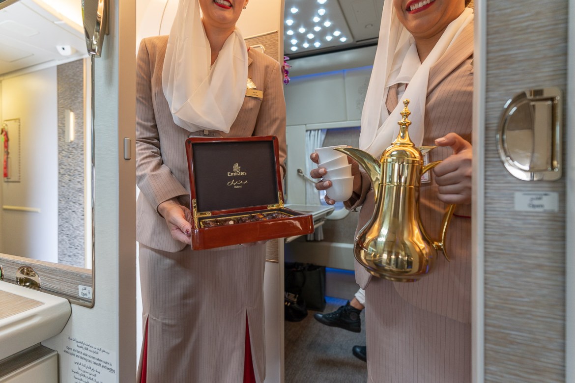 First Class Arabic Coffee Service, Wooden Lacquered box and oversized golden pots