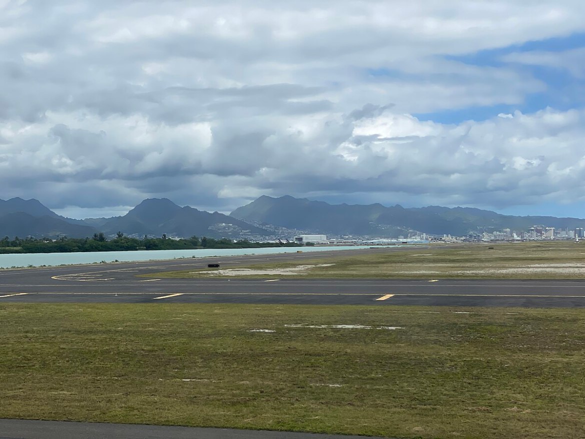 Honolulu International Airport overlooking the Ko'olau Mountain Range. 