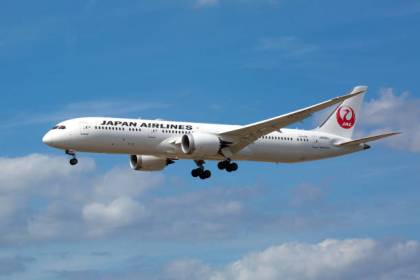 Frankfurt, Germany - August 16, 2019: Landing approach of Boeing 787 of Japan Airlines at Frankfurt International Airport. Japan Airlines (JAL) is the flag carrier of Japan, founded in 1951 and headquartered in Shinagawa, Japan.