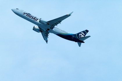 Blue and White Alaska Airlines Plane flying in the sky