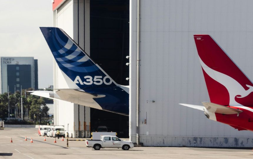 An Airbus A350-1000 in Hangar 96, Sydney Airport, for the announcement of Project Sunrise. The launch of the highly anticipated direct-flights from Sydney promise to increase global connectivity