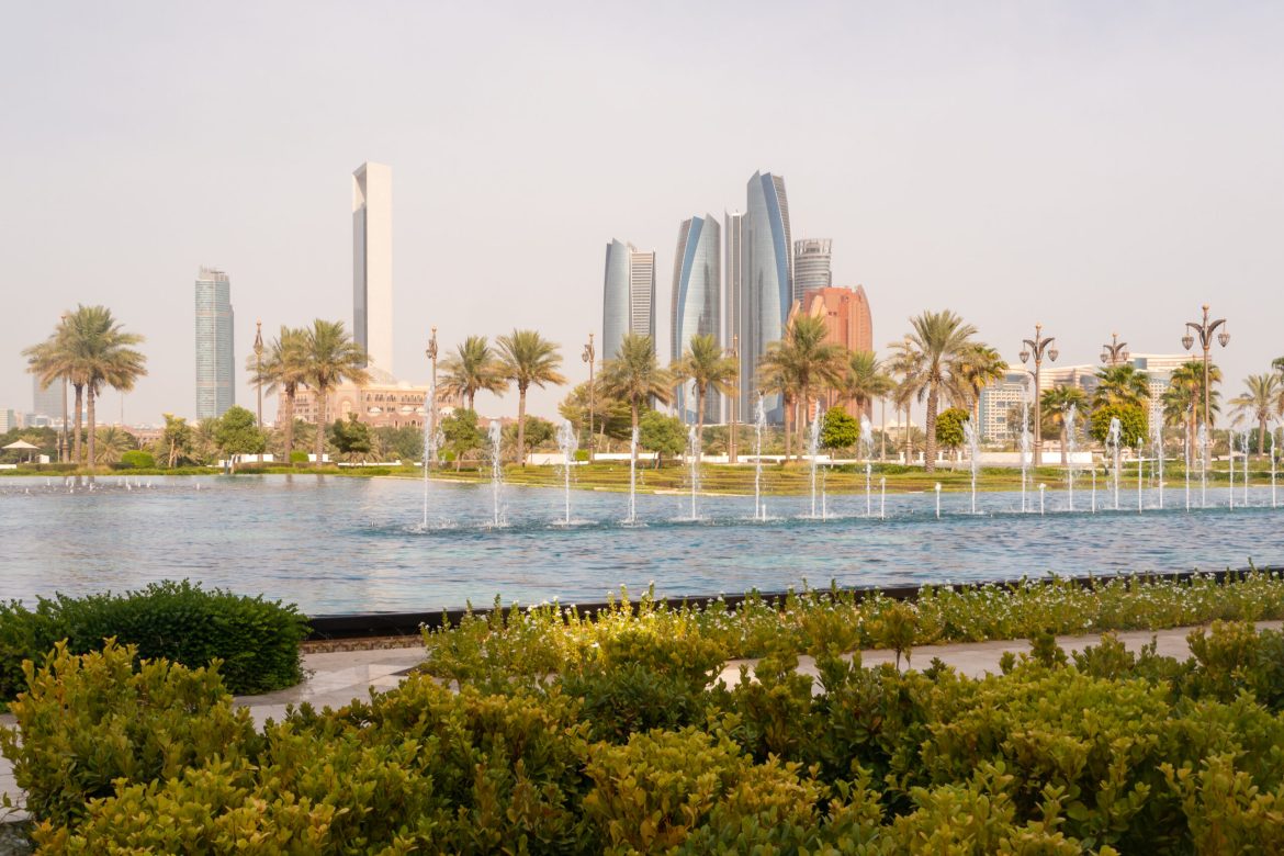 View of Downtown Abu Dhabi from the gardens of Qasr Al Watan