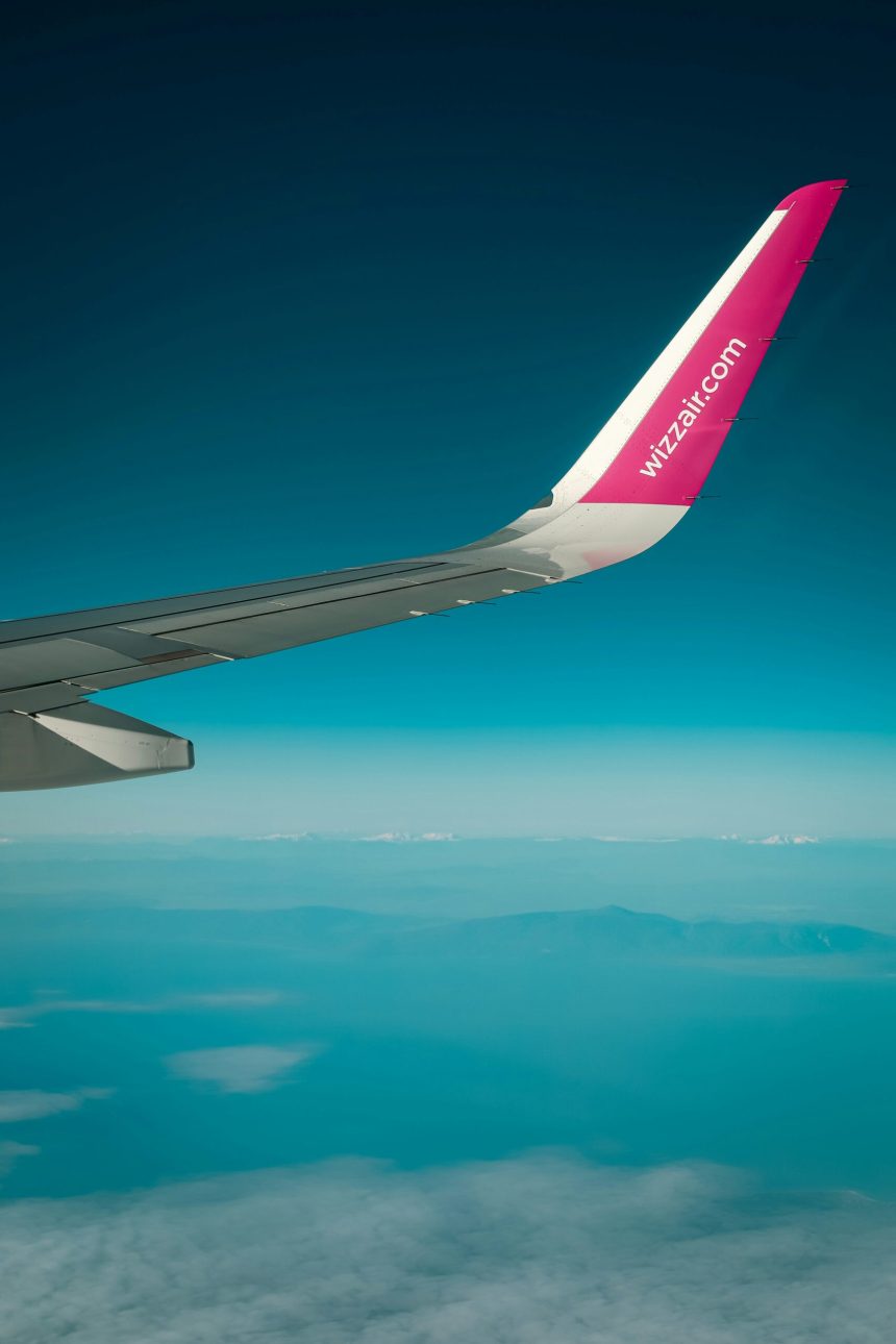 Wing of Wizzair plane taken from the plane when flying