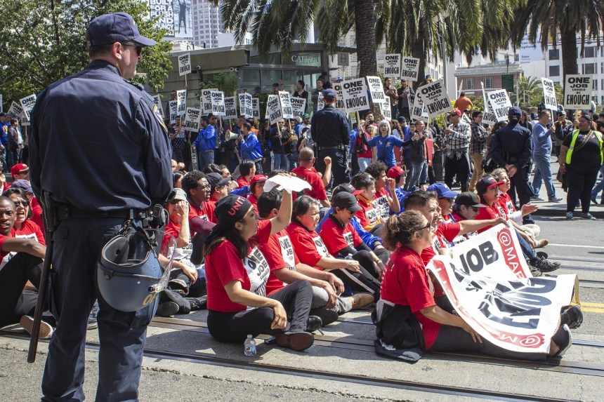 The image of a labour day protest.