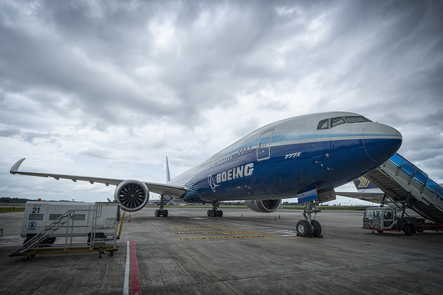 The Boeing 777X test aircraft on the tarmac on February 13, 2022, at Changi Airport in Singapore. 