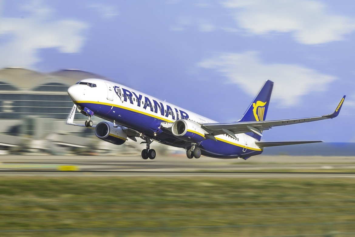 A Ryanair flight taking off against a blurry background. 