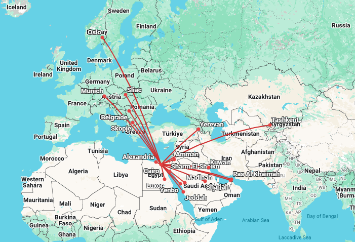 Flightmap of routes served by FlyEgypt