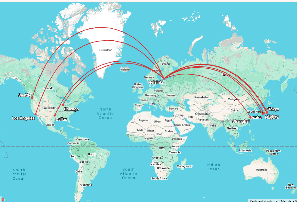 Finnair flight paths on a flat world map highlighted