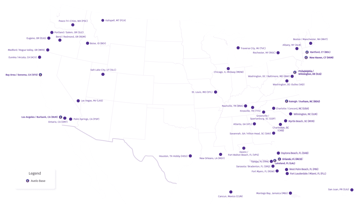 Avelo Destinations Route Map