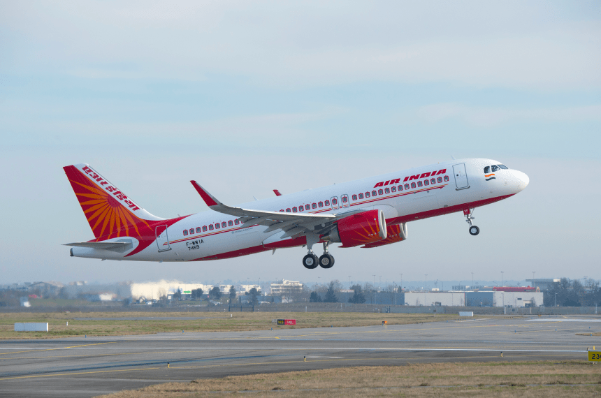 The AIr India narrowbody Airbus A320neo takes off