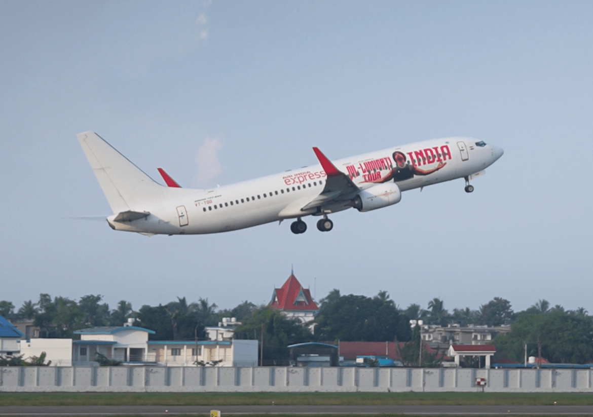 The Air India Boeing VT-TGG taking off from the runway